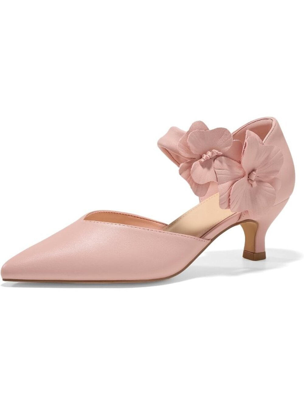 Women's Pink Low Kitten Heels Pointed Toe Slip On Pumps Ankle Strap Shoes